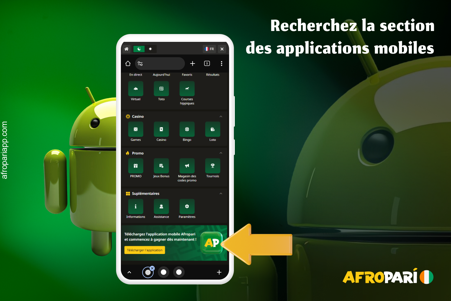 Sélectionnez le lien de téléchargement pour Android sur le site AfroPari